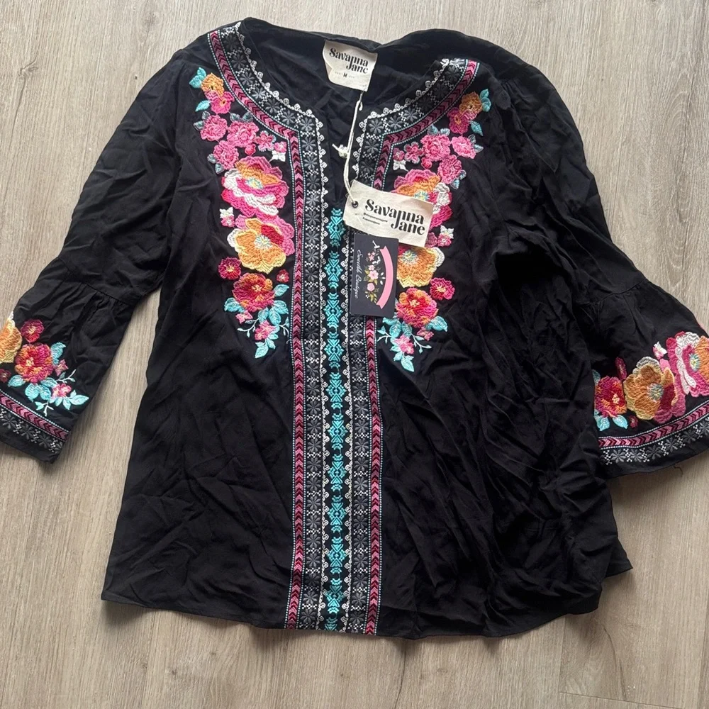 Savanna Jane Black Rayon Top with Pink and Orange Embroidery - Picture 3 of 8